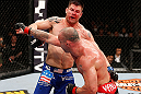 SAITAMA, JAPAN - MARCH 03:  (R-L) Wanderlei Silva punches Brian Stann in their light heavyweight fight during the UFC on FUEL TV event at Saitama Super Arena on March 3, 2013 in Saitama, Japan.  (Photo by Josh Hedges/Zuffa LLC/Zuffa LLC via Getty Images)