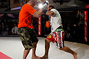MONTREAL, QC - MARCH 13:  Johny Hendricks (R) conducts an open training session for fans and media ahead of his UFC 158 bout at Complexe Desjardins on March 13, 2013 in Montreal, Quebec, Canada.  (Photo by Josh Hedges/Zuffa LLC/Zuffa LLC via Getty Images)