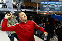 MONTREAL, QC - MARCH 13:  UFC welterweight champion Georges St-Pierre tosses autographed DVD's into the crowd during the UFC 158 open workouts at Complexe Desjardins on March 13, 2013 in Montreal, Quebec, Canada.  (Photo by Josh Hedges/Zuffa LLC/Zuffa LLC via Getty Images)