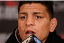 MONTREAL, QC - MARCH 14:  Nick Diaz interacts with media during the final press conference ahead of his UFC 158 bout at Bell Centre on March 14, 2013 in Montreal, Quebec, Canada.  (Photo by Josh Hedges/Zuffa LLC/Zuffa LLC via Getty Images)