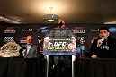 MONTREAL, QC - MARCH 14:  Nick Diaz (R) and Georges St-Pierre (L) argue with each other during the final press conference ahead of his UFC 158 bout at Bell Centre on March 14, 2013 in Montreal, Quebec, Canada.  (Photo by Josh Hedges/Zuffa LLC/Zuffa LLC via Getty Images)