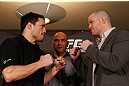 MONTREAL, QC - MARCH 14:  (L-R) Opponents Jake Ellenberger and Nate Marquardt face off during the final press conference ahead of his UFC 158 bout at Bell Centre on March 14, 2013 in Montreal, Quebec, Canada.  (Photo by Josh Hedges/Zuffa LLC/Zuffa LLC via Getty Images)