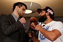MONTREAL, QC - MARCH 14:  (L-R) Opponents Carlos Condit and Johny Hendricks face off during the final press conference ahead of his UFC 158 bout at Bell Centre on March 14, 2013 in Montreal, Quebec, Canada.  (Photo by Josh Hedges/Zuffa LLC/Zuffa LLC via Getty Images)
