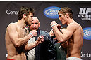 MONTREAL, QC - MARCH 15:  (L-R) Dan Miller and Jordan Mein face off during the UFC 158 weigh-in at Bell Centre on March 15, 2013 in Montreal, Quebec, Canada.  (Photo by Josh Hedges/Zuffa LLC/Zuffa LLC via Getty Images)