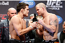 MONTREAL, QC - MARCH 15: Nate Marquardt and Jake Ellenberger face off during the UFC 158 weigh-in at Bell Centre on March 15, 2013 in Montreal, Quebec, Canada.  (Photo by Josh Hedges/Zuffa LLC/Zuffa LLC via Getty Images)