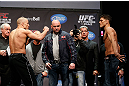 MONTREAL, QC - MARCH 15: Georges St-Pierre (L) and Nick Diaz (R) face off during the UFC 158 weigh-in at Bell Centre on March 15, 2013 in Montreal, Quebec, Canada.  (Photo by Josh Hedges/Zuffa LLC/Zuffa LLC via Getty Images)