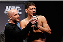 MONTREAL, QC - MARCH 15:  Nick Diaz speaks with Joe Rogan during the UFC 158 weigh-in at Bell Centre on March 15, 2013 in Montreal, Quebec, Canada.  (Photo by Josh Hedges/Zuffa LLC/Zuffa LLC via Getty Images)