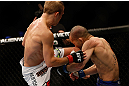 MONTREAL, QC - MARCH 16:  T.J. Dillashaw knees Issei Tamura in their bantamweight bout during the UFC 158 event at Bell Centre on March 16, 2013 in Montreal, Quebec, Canada.  (Photo by Jonathan Ferrey/Zuffa LLC/Zuffa LLC via Getty Images)