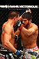 MONTREAL, QC - MARCH 16: (L-R) Patrick Cote fights against Bobby Voelker in their welterweight bout during the UFC 158 event at Bell Centre on March 16, 2013 in Montreal, Quebec, Canada.  (Photo by Jonathan Ferrey/Zuffa LLC/Zuffa LLC via Getty Images)