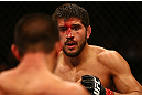 MONTREAL, QC - MARCH 16: (L-R) Patrick Cote fights against Bobby Voelker in their welterweight bout during the UFC 158 event at Bell Centre on March 16, 2013 in Montreal, Quebec, Canada.  (Photo by Jonathan Ferrey/Zuffa LLC/Zuffa LLC via Getty Images)