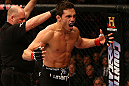 MONTREAL, QC - MARCH 16:  Jake Ellenberger reacts after knocking out Nate Marquardt in their welterweight bout during the UFC 158 event at Bell Centre on March 16, 2013 in Montreal, Quebec, Canada.  (Photo by Jonathan Ferrey/Zuffa LLC/Zuffa LLC via Getty Images)