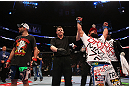 MONTREAL, QC - MARCH 16:  Johny Hendricks (R) reacts after defeating Carlos Condit in their welterweight bout during the UFC 158 event at Bell Centre on March 16, 2013 in Montreal, Quebec, Canada.  (Photo by Jonathan Ferrey/Zuffa LLC/Zuffa LLC via Getty Images)