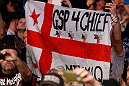 MONTREAL, QC - MARCH 16:  Fans display a flag in support of Georges St-Pierre during UFC 158 event at Bell Centre on March 16, 2013 in Montreal, Quebec, Canada.  (Photo by Josh Hedges/Zuffa LLC/Zuffa LLC via Getty Images)