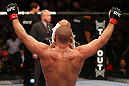 MONTREAL, QC - MARCH 16:  Georges St-Pierre reacts after his victory over Nick Diaz in their welterweight championship bout during the UFC 158 event at Bell Centre on March 16, 2013 in Montreal, Quebec, Canada.  (Photo by Jonathan Ferrey/Zuffa LLC/Zuffa LLC via Getty Images)