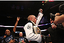MONTREAL, QC - MARCH 16:  Georges St-Pierre reacts after winning his fight against Nick Diaz by a unanimous decision to retain his welterweight title in their welterweight championship bout during the UFC 158 event at Bell Centre on March 16, 2013 in Montreal, Quebec, Canada.  (Photo by Jonathan Ferrey/Zuffa LLC/Zuffa LLC via Getty Images)
