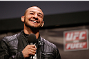 STOCKHOLM, SWEDEN - APRIL 05:  Cub Swanson interacts with fans during a Q&A session before the UFC weigh-in at the Ericsson Globe Arena on April 5, 2013 in Stockholm, Sweden.  (Photo by Josh Hedges/Zuffa LLC/Zuffa LLC via Getty Images)