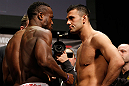 STOCKHOLM, SWEDEN - APRIL 05:  (L-R) Opponents Papy Abedi and Besam Yousef face off during the UFC weigh-in at the Ericsson Globe Arena on April 5, 2013 in Stockholm, Sweden.  (Photo by Josh Hedges/Zuffa LLC/Zuffa LLC via Getty Images)