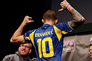 STOCKHOLM, SWEDEN - APRIL 05:  Benny Alloway wears a Zlatan Ibrahimovi&Auml;&Dagger; Swedish football jersey during the UFC weigh-in at the Ericsson Globe Arena on April 5, 2013 in Stockholm, Sweden.  (Photo by Josh Hedges/Zuffa LLC/Zuffa LLC via Getty Images)