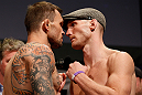 STOCKHOLM, SWEDEN - APRIL 05:  (L-R) Opponents Benny Alloway and Ryan LaFlare face off during the UFC weigh-in at the Ericsson Globe Arena on April 5, 2013 in Stockholm, Sweden.  (Photo by Josh Hedges/Zuffa LLC/Zuffa LLC via Getty Images)