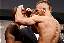 STOCKHOLM, SWEDEN - APRIL 05:  (L-R) Opponents Marcus Brimage and Conor McGregor face off during the UFC weigh-in at the Ericsson Globe Arena on April 5, 2013 in Stockholm, Sweden.  (Photo by Josh Hedges/Zuffa LLC/Zuffa LLC via Getty Images)
