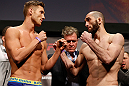 STOCKHOLM, SWEDEN - APRIL 05:  (L-R) Opponents Chris Spang and Adlan Amagov face off during the UFC weigh-in at the Ericsson Globe Arena on April 5, 2013 in Stockholm, Sweden.  (Photo by Josh Hedges/Zuffa LLC/Zuffa LLC via Getty Images)
