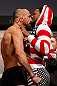 STOCKHOLM, SWEDEN - APRIL 05:  (L-R) Opponents Reza Madadi and Michael Johnson face off during the UFC weigh-in at the Ericsson Globe Arena on April 5, 2013 in Stockholm, Sweden.  (Photo by Josh Hedges/Zuffa LLC/Zuffa LLC via Getty Images)