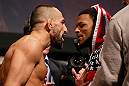 STOCKHOLM, SWEDEN - APRIL 05:  (L-R) Opponents Reza Madadi and Michael Johnson face off during the UFC weigh-in at the Ericsson Globe Arena on April 5, 2013 in Stockholm, Sweden.  (Photo by Josh Hedges/Zuffa LLC/Zuffa LLC via Getty Images)