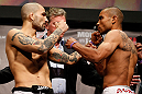 STOCKHOLM, SWEDEN - APRIL 05:  (L-R) Opponents Akira Corassani and Robbie Peralta face off during the UFC weigh-in at the Ericsson Globe Arena on April 5, 2013 in Stockholm, Sweden.  (Photo by Josh Hedges/Zuffa LLC/Zuffa LLC via Getty Images)