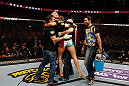 STOCKHOLM, SWEDEN - APRIL 06:  Reza Madadi celebrates with his teammates after his submission victory over Michael Johnson in their lightweight fight at the Ericsson Globe Arena on April 6, 2013 in Stockholm, Sweden.  (Photo by Josh Hedges/Zuffa LLC/Zuffa LLC via Getty Images)