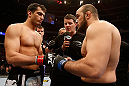 STOCKHOLM, SWEDEN - APRIL 06:  (L-R) Opponents Gegard Mousasi and Ilir Latifi face off before their light heavyweight fight at the Ericsson Globe Arena on April 6, 2013 in Stockholm, Sweden.  (Photo by Josh Hedges/Zuffa LLC/Zuffa LLC via Getty Images)