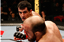 STOCKHOLM, SWEDEN - APRIL 06:  (L-R) Gegard Mousasi punches Ilir Latifi in their light heavyweight fight at the Ericsson Globe Arena on April 6, 2013 in Stockholm, Sweden.  (Photo by Josh Hedges/Zuffa LLC/Zuffa LLC via Getty Images)