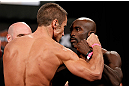 LAS VEGAS, NV - APRIL 12: (L-R) Opponents Josh Samman and Kevin Casey face off during the TUF 17 Finale weigh-in at the Hollywood Theatre at the MGM Grand Hotel/Casino on April 12, 2013 in Las Vegas, Nevada. (Photo by Josh Hedges/Zuffa LLC/Zuffa LLC via Getty Images)