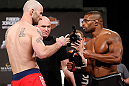 LAS VEGAS, NV - APRIL 12: (L-R) Opponents Robert "Bubba" McDaniel and Gilbert Smith face off during the TUF 17 Finale weigh-in at the Hollywood Theatre at the MGM Grand Hotel/Casino on April 12, 2013 in Las Vegas, Nevada. (Photo by Josh Hedges/Zuffa LLC/Zuffa LLC via Getty Images)