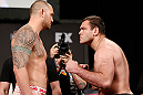 LAS VEGAS, NV - APRIL 12: (L-R) Opponents Travis Browne and Gabriel Gonzaga face off during the TUF 17 Finale weigh-in at the Hollywood Theatre at the MGM Grand Hotel/Casino on April 12, 2013 in Las Vegas, Nevada. (Photo by Josh Hedges/Zuffa LLC/Zuffa LLC via Getty Images)