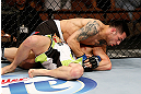 LAS VEGAS, NV - APRIL 13:   Daniel Pineda (top) attempts to submit Justin Lawrence in their featherweight fight at the Mandalay Bay Events Center  on April 13, 2013 in Las Vegas, Nevada.  (Photo by Josh Hedges/Zuffa LLC/Zuffa LLC via Getty Images)  *** Local Caption *** Justin Lawrence; Daniel Pineda
