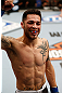 LAS VEGAS, NV - APRIL 13:   Daniel Pineda reacts to his victory over Justin Lawrence in their featherweight fight at the Mandalay Bay Events Center  on April 13, 2013 in Las Vegas, Nevada.  (Photo by Josh Hedges/Zuffa LLC/Zuffa LLC via Getty Images)  *** Local Caption *** Justin Lawrence; Daniel Pineda