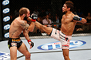 LAS VEGAS, NV - APRIL 13:   (R-L) Maximo Blanco kicks Sam Sicilia in their featherweight fight at the Mandalay Bay Events Center  on April 13, 2013 in Las Vegas, Nevada.  (Photo by Josh Hedges/Zuffa LLC/Zuffa LLC via Getty Images)  *** Local Caption *** Maximo Blanco; Sam Sicilia