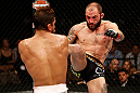 LAS VEGAS, NV - APRIL 13:   (R-L) Sam Sicilia kicks Maximo Blanco in their featherweight fight at the Mandalay Bay Events Center  on April 13, 2013 in Las Vegas, Nevada.  (Photo by Josh Hedges/Zuffa LLC/Zuffa LLC via Getty Images)  *** Local Caption *** Maximo Blanco; Sam Sicilia