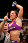 LAS VEGAS, NV - APRIL 13:   Cat Zingano reacts to her victory over Miesha Tate in their bantamweight fight at the Mandalay Bay Events Center  on April 13, 2013 in Las Vegas, Nevada.  (Photo by Josh Hedges/Zuffa LLC/Zuffa LLC via Getty Images)  *** Local Caption *** Miesha Tate; Cat Zingano