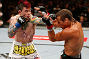 LAS VEGAS, NV - APRIL 13:   (L-R) Scott Jorgensen punches Urijah Faber in their bantamweight fight at the Mandalay Bay Events Center  on April 13, 2013 in Las Vegas, Nevada.  (Photo by Josh Hedges/Zuffa LLC/Zuffa LLC via Getty Images)  *** Local Caption *** Urijah Faber; Scott Jorgensen