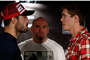 SAN JOSE, CA - APRIL 18:  (L-R) Opponents Matt Brown and Jordan Mein face off during media day ahead of the UFC on FOX event at HP Pavilion on April 18, 2013 in San Jose, California.  (Photo by Josh Hedges/Zuffa LLC/Zuffa LLC via Getty Images)