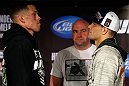SAN JOSE, CA - APRIL 18:   (L-R) Opponents Nate Diaz and Josh Thomson face off during media day ahead of the UFC on FOX event at HP Pavilion on April 18, 2013 in San Jose, California.  (Photo by Josh Hedges/Zuffa LLC/Zuffa LLC via Getty Images)