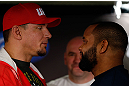 SAN JOSE, CA - APRIL 18:   (L-R) Opponents Frank Mir and Daniel Cormier face off during media day ahead of the UFC on FOX event at HP Pavilion on April 18, 2013 in San Jose, California.  (Photo by Josh Hedges/Zuffa LLC/Zuffa LLC via Getty Images)