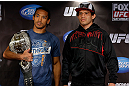 SAN JOSE, CA - APRIL 18:   (L-R) Opponents Benson Henderson and Gilbert Melendez pose for photos during media day ahead of the UFC on FOX event at HP Pavilion on April 18, 2013 in San Jose, California.  (Photo by Josh Hedges/Zuffa LLC/Zuffa LLC via Getty Images)