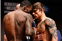 SAN JOSE, CA - APRIL 19:   (L-R) Opponents Anthony Njokuani and Roger Bowling face off during the UFC on FOX weigh-in at the California Theatre on April 19, 2013 in San Jose, California.  (Photo by Josh Hedges/Zuffa LLC/Zuffa LLC via Getty Images)