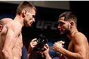 SAN JOSE, CA - APRIL 19:   (L-R) Opponents Tim Means and Jorge Masvidal face off during the UFC on FOX weigh-in at the California Theatre on April 19, 2013 in San Jose, California.  (Photo by Josh Hedges/Zuffa LLC/Zuffa LLC via Getty Images)