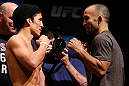 SAN JOSE, CA - APRIL 19:   (L-R) Opponents Joseph Benavidez and Darren Uyenoyama face off during the UFC on FOX weigh-in at the California Theatre on April 19, 2013 in San Jose, California.  (Photo by Josh Hedges/Zuffa LLC/Zuffa LLC via Getty Images)