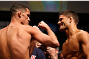 SAN JOSE, CA - APRIL 19:   (L-R) Opponents Nate Diaz and Josh Thomson face off during the UFC on FOX weigh-in at the California Theatre on April 19, 2013 in San Jose, California.  (Photo by Josh Hedges/Zuffa LLC/Zuffa LLC via Getty Images)