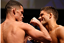 SAN JOSE, CA - APRIL 19:   (L-R) Opponents Nate Diaz and Josh Thomson face off during the UFC on FOX weigh-in at the California Theatre on April 19, 2013 in San Jose, California.  (Photo by Josh Hedges/Zuffa LLC/Zuffa LLC via Getty Images)