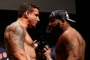 SAN JOSE, CA - APRIL 19:   (L-R) Opponents Frank Mir and Daniel Cormier face off during the UFC on FOX weigh-in at the California Theatre on April 19, 2013 in San Jose, California.  (Photo by Josh Hedges/Zuffa LLC/Zuffa LLC via Getty Images)